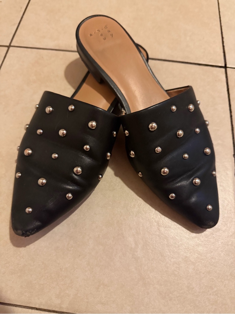 Black Studded Pointed Mules - Women